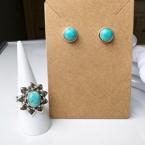 NEW Sterling Silver Turquoise Ring Size 8 Adjustable & Stud Earrings Set .925